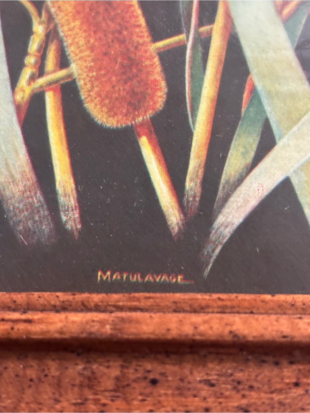 Vintage Wooden Framed Art Print Cattails Wheat Matulavage - Picture 2 of 2